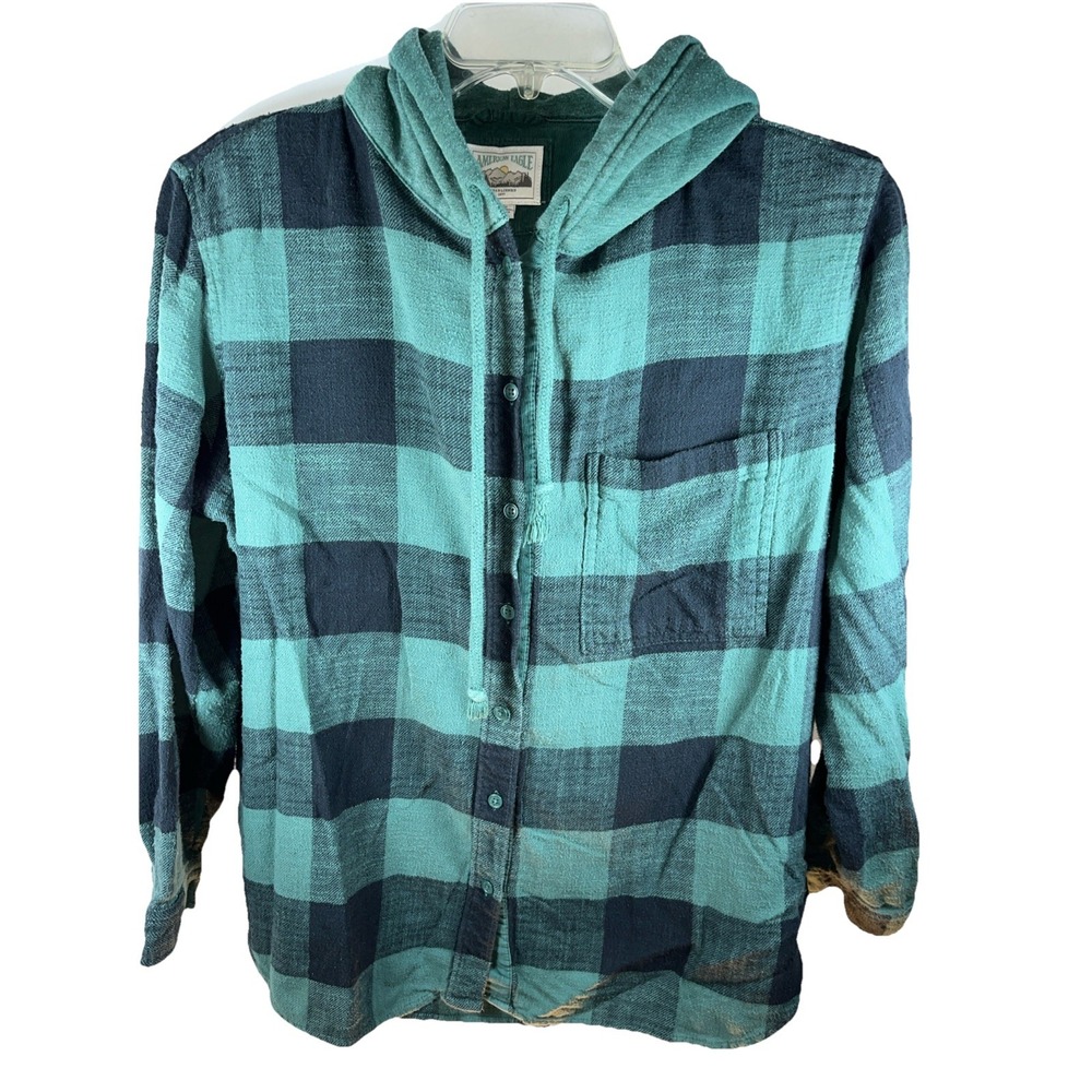 American Eagle Hoodie Mens M Green Tartan plaid button‎ up vintage retro barn